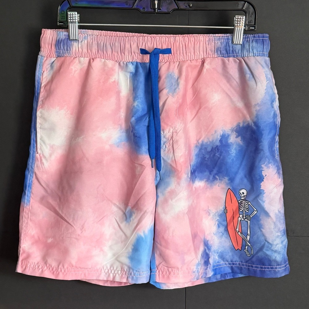 Chemistry Mens Tie Dye Surfing Skeleton Swim Trunks Pink Blue UPF 50+ Large NWT